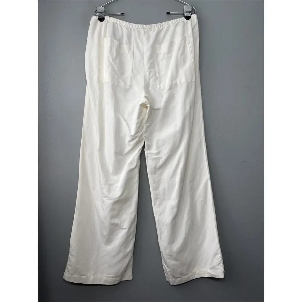 H&M Linen Blend Pants Size Large White Drawstring Wide Leg Lagenlook Minimalist